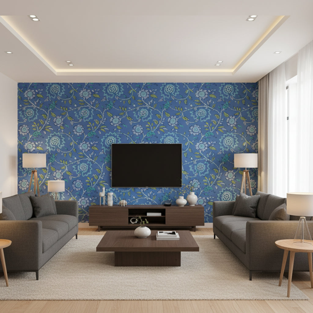 Caravan Blue and Green Blue and Green | Thibaut - Living Room Visualization (AI-generated, may not be to scale. Verify pattern scale with product specifications.)
