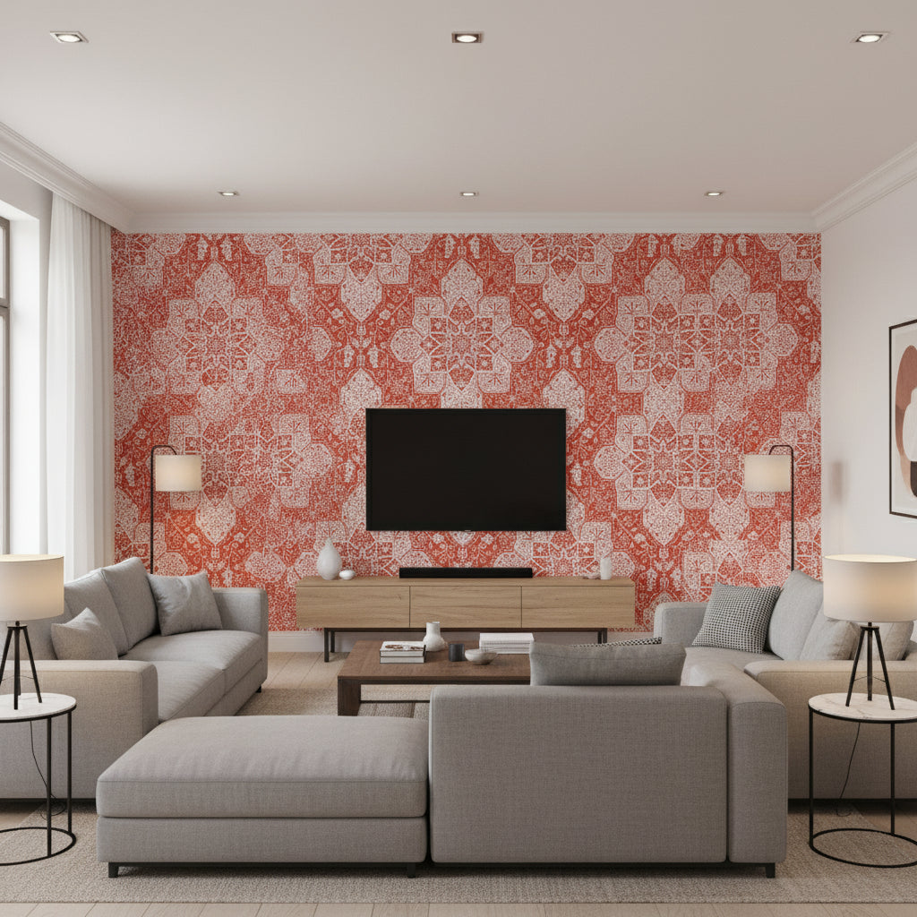 Caravan Coral Coral | Thibaut - Living Room Visualization (AI-generated, may not be to scale. Verify pattern scale with product specifications.)