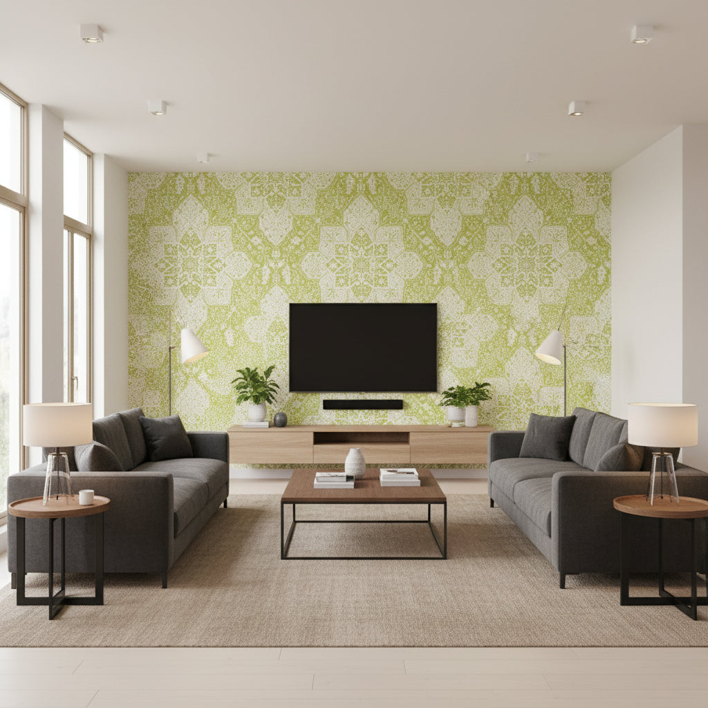 Caravan Citron Green Citron Green | Thibaut - Living Room Visualization (AI-generated, may not be to scale. Verify pattern scale with product specifications.)