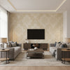 Caravan Beige Beige | Thibaut - Living Room Visualization (AI-generated, may not be to scale. Verify pattern scale with product specifications.)