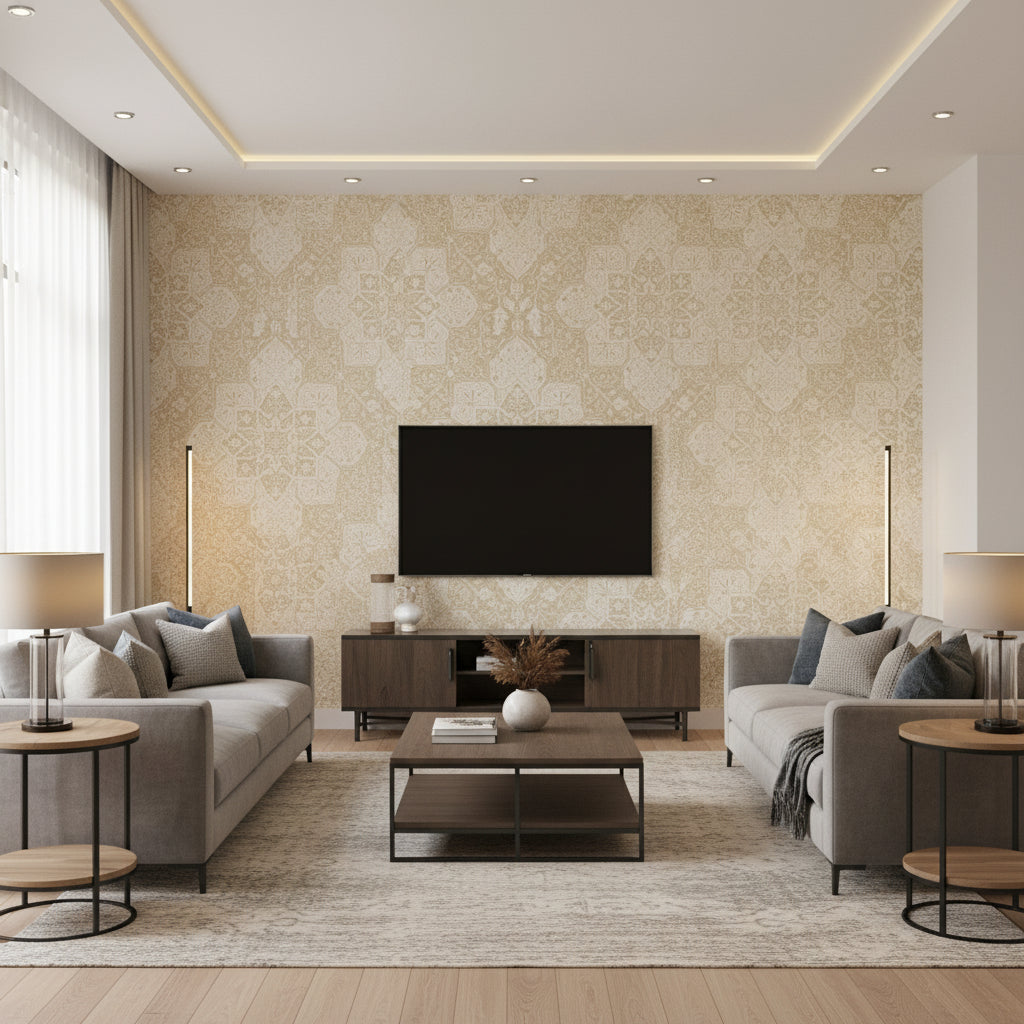 Caravan Beige Beige | Thibaut - Living Room Visualization (AI-generated, may not be to scale. Verify pattern scale with product specifications.)