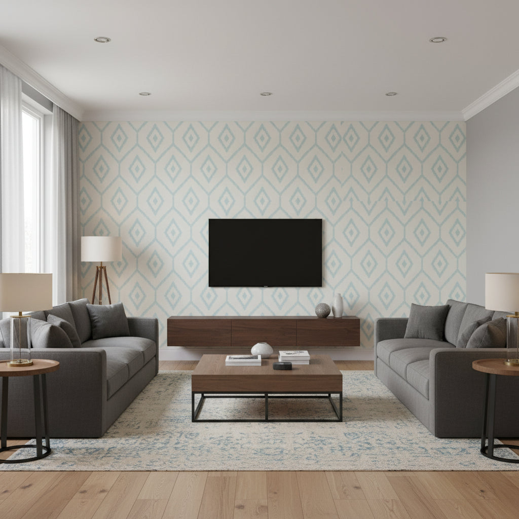Caravan Aqua ivory | Thibaut - Living Room Visualization (AI-generated, may not be to scale. Verify pattern scale with product specifications.)