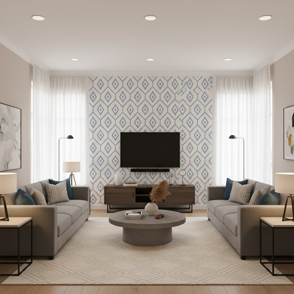 Caravan Blue Blue | Thibaut - Living Room Visualization (AI-generated, may not be to scale. Verify pattern scale with product specifications.)