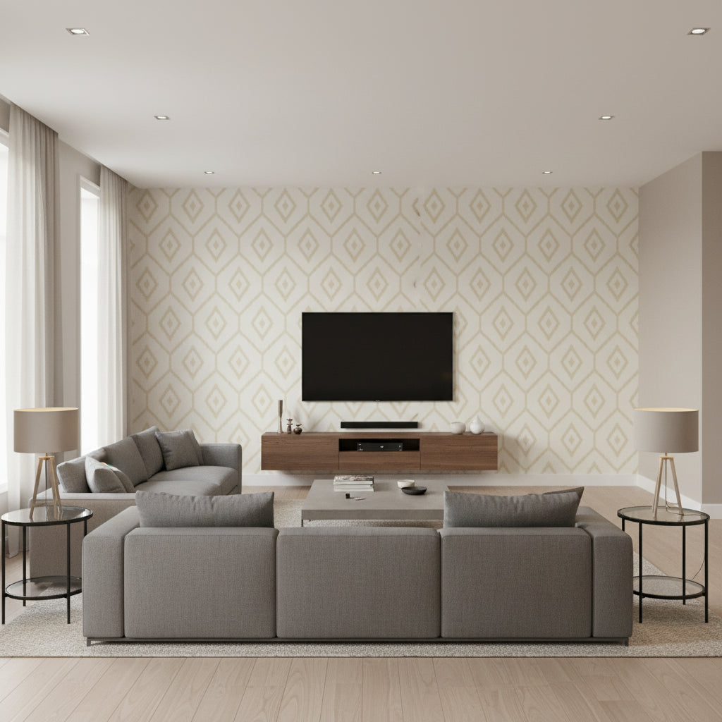 Caravan Beige Beige | Thibaut - Living Room Visualization (AI-generated, may not be to scale. Verify pattern scale with product specifications.)
