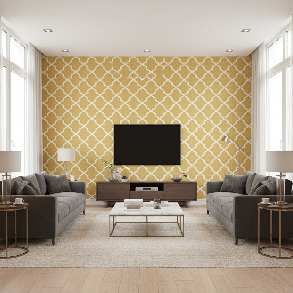 Caravan Metallic Gold gold | Thibaut - Living Room Visualization (AI-generated, may not be to scale. Verify pattern scale with product specifications.)