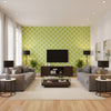Caravan Green chartreuse | Thibaut - Living Room Visualization (AI-generated, may not be to scale. Verify pattern scale with product specifications.)