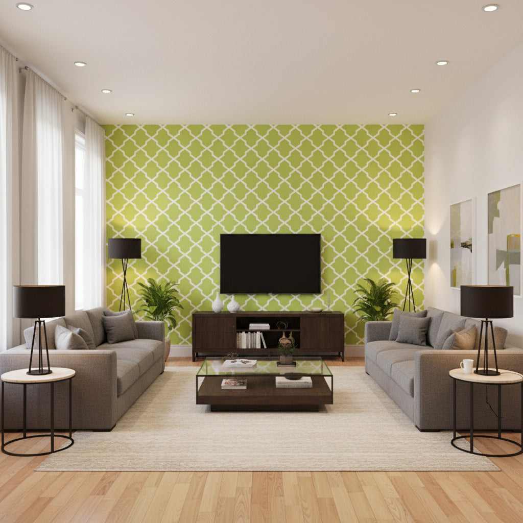 Caravan Green chartreuse | Thibaut - Living Room Visualization (AI-generated, may not be to scale. Verify pattern scale with product specifications.)