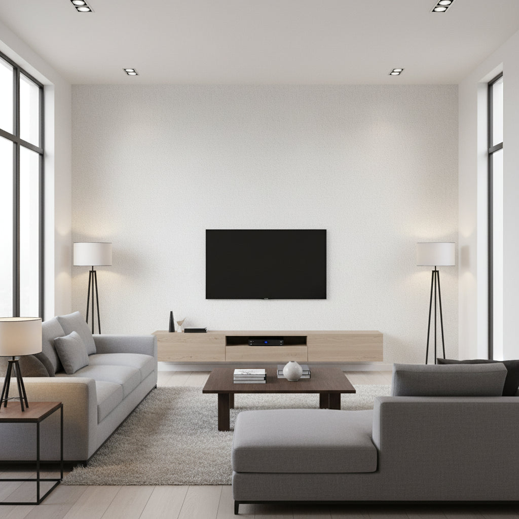 Caravan White White | Thibaut - Living Room Visualization (AI-generated, may not be to scale. Verify pattern scale with product specifications.)