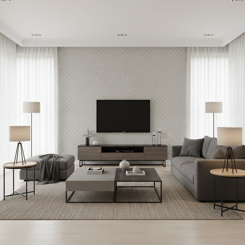 Caravan Metallic Silver light gray | Thibaut - Living Room Visualization (AI-generated, may not be to scale. Verify pattern scale with product specifications.)