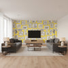 T64178 Yellow and Grey Yellow and Grey | Thibaut - Living Room Visualization (AI-generated, may not be to scale. Verify pattern scale with product specifications.)