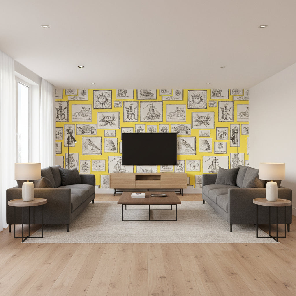 T64178 Yellow and Grey Yellow and Grey | Thibaut - Living Room Visualization (AI-generated, may not be to scale. Verify pattern scale with product specifications.)