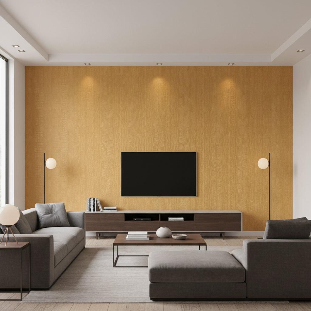 Greater Gator Metallic Gold | Thibaut - Living Room Visualization (AI-generated, may not be to scale. Verify pattern scale with product specifications.)