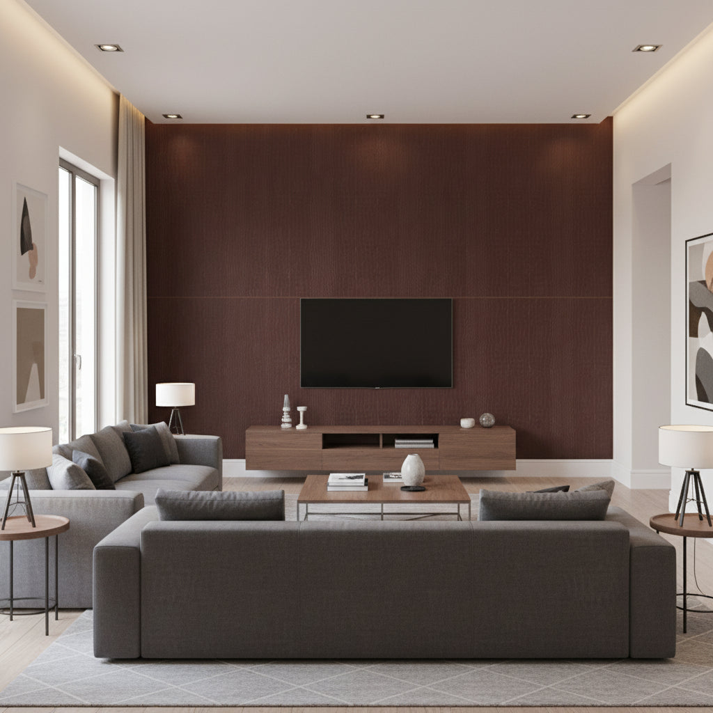 Greater Gator Espresso | Thibaut - Living Room Visualization (AI-generated, may not be to scale. Verify pattern scale with product specifications.)