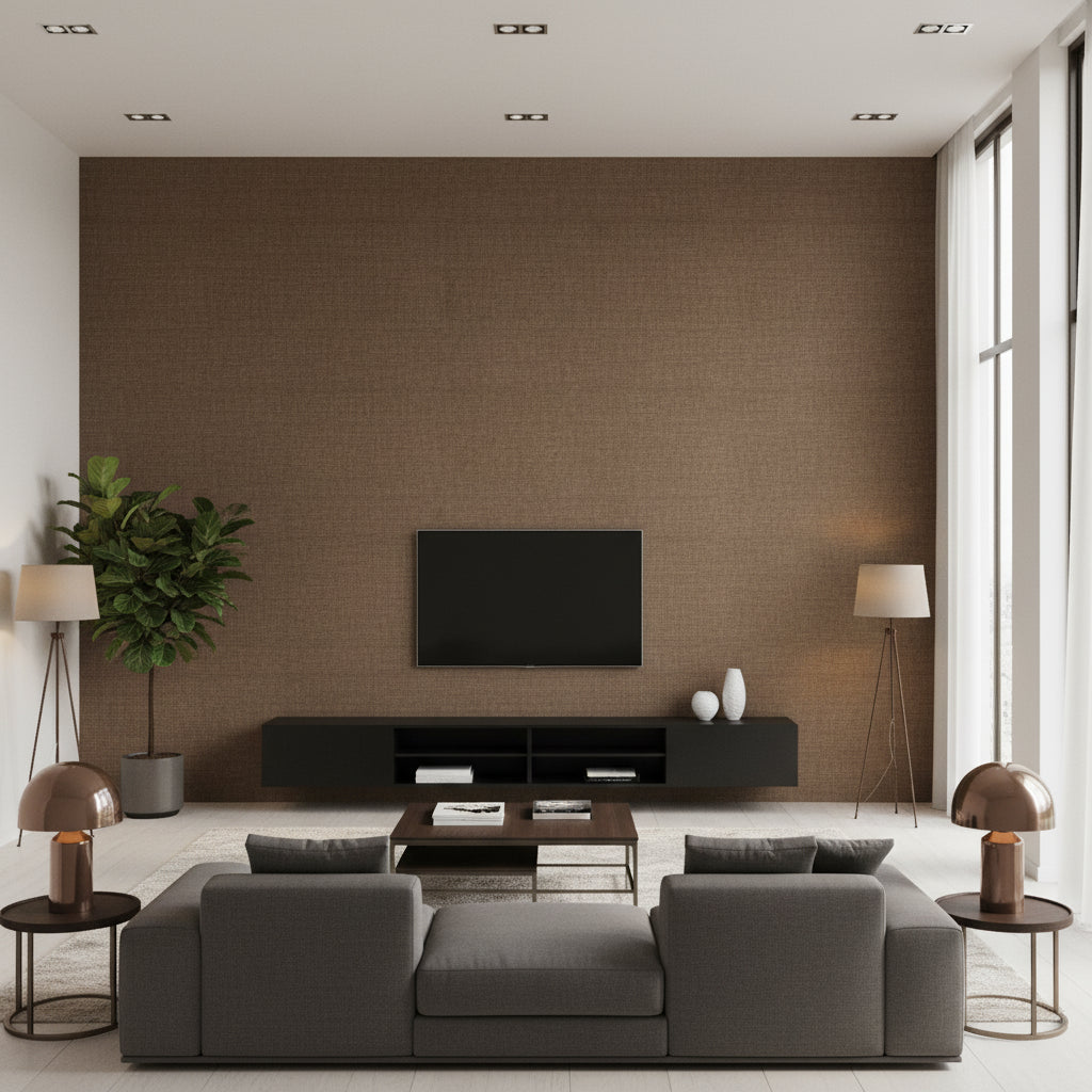 Bankun Raffia Chocolate Chocolate | Thibaut - Living Room Visualization (AI-generated, may not be to scale. Verify pattern scale with product specifications.)