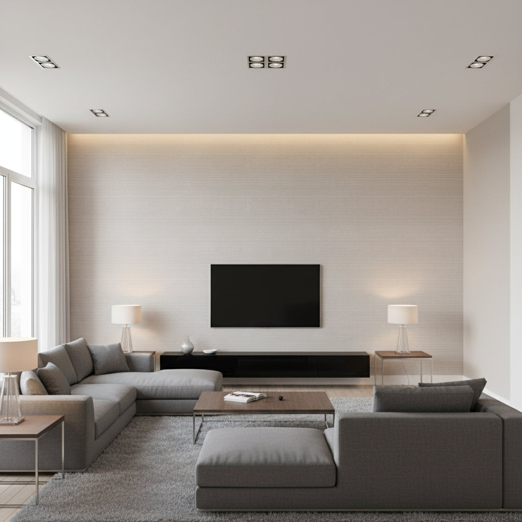 Como Silk Metallic Silver | Thibaut - Living Room Visualization (AI-generated, may not be to scale. Verify pattern scale with product specifications.)