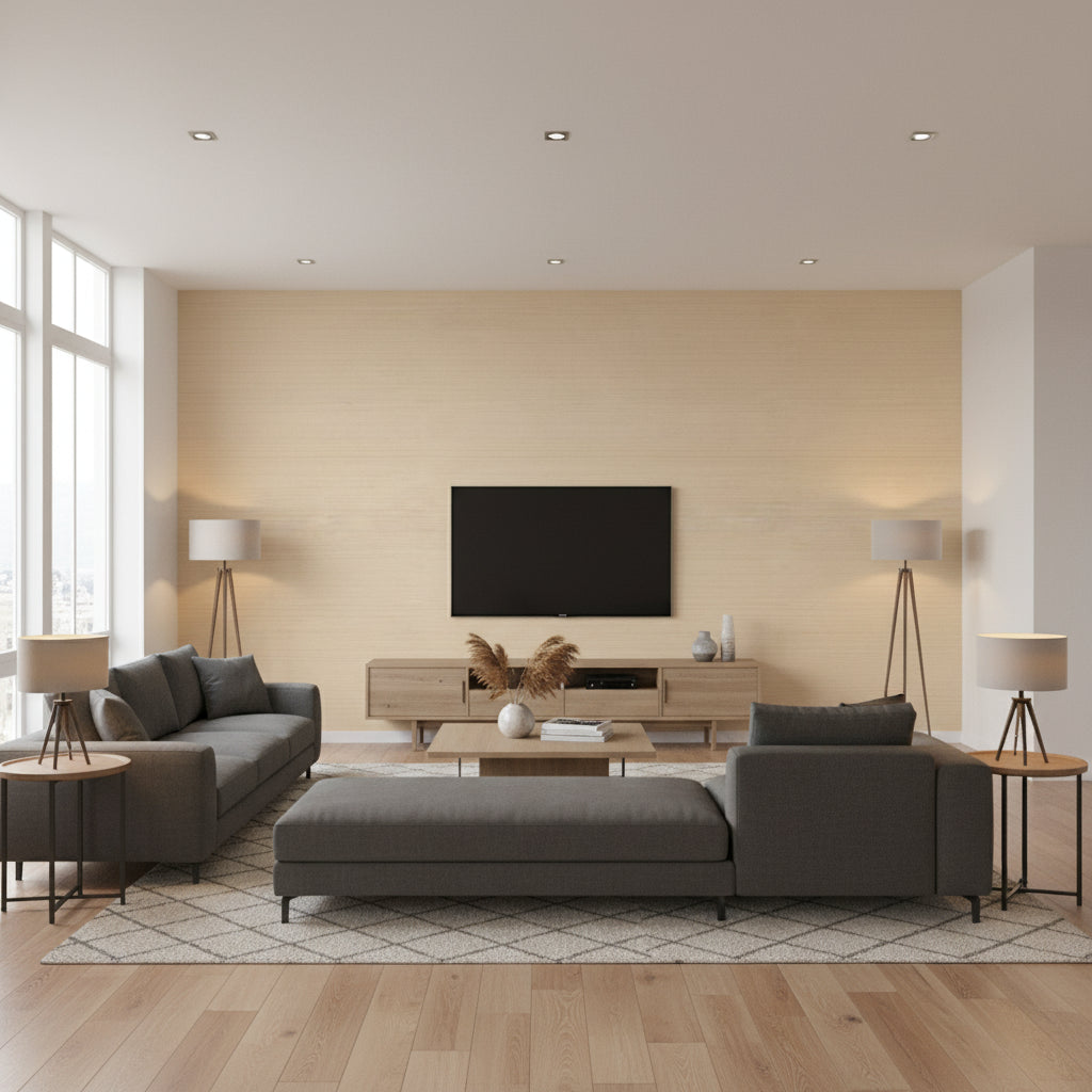 Como Silk Camel | Thibaut - Living Room Visualization (AI-generated, may not be to scale. Verify pattern scale with product specifications.)