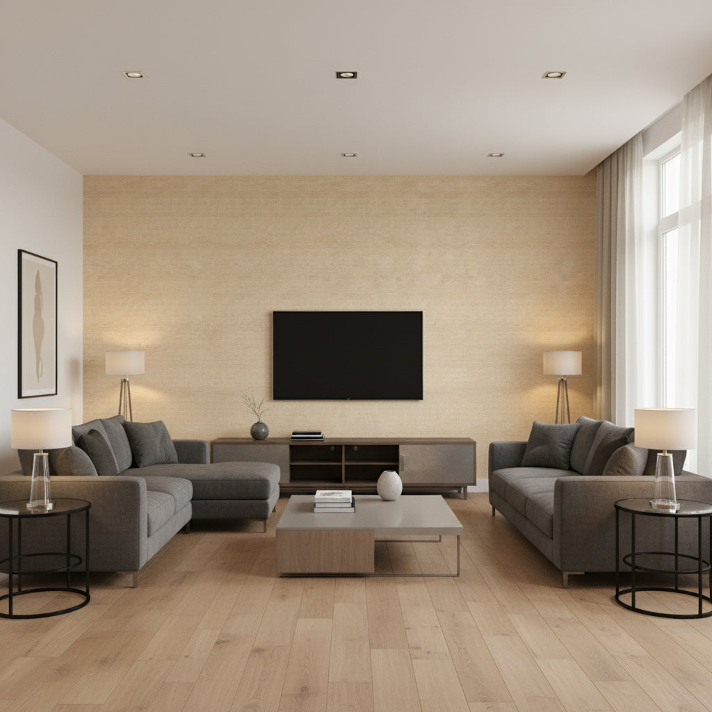 Banyan Basket Taupe | Thibaut - Living Room Visualization (AI-generated, may not be to scale. Verify pattern scale with product specifications.)