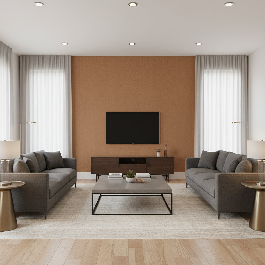 Granada Weave copper | Thibaut - Living Room Visualization (AI-generated, may not be to scale. Verify pattern scale with product specifications.)