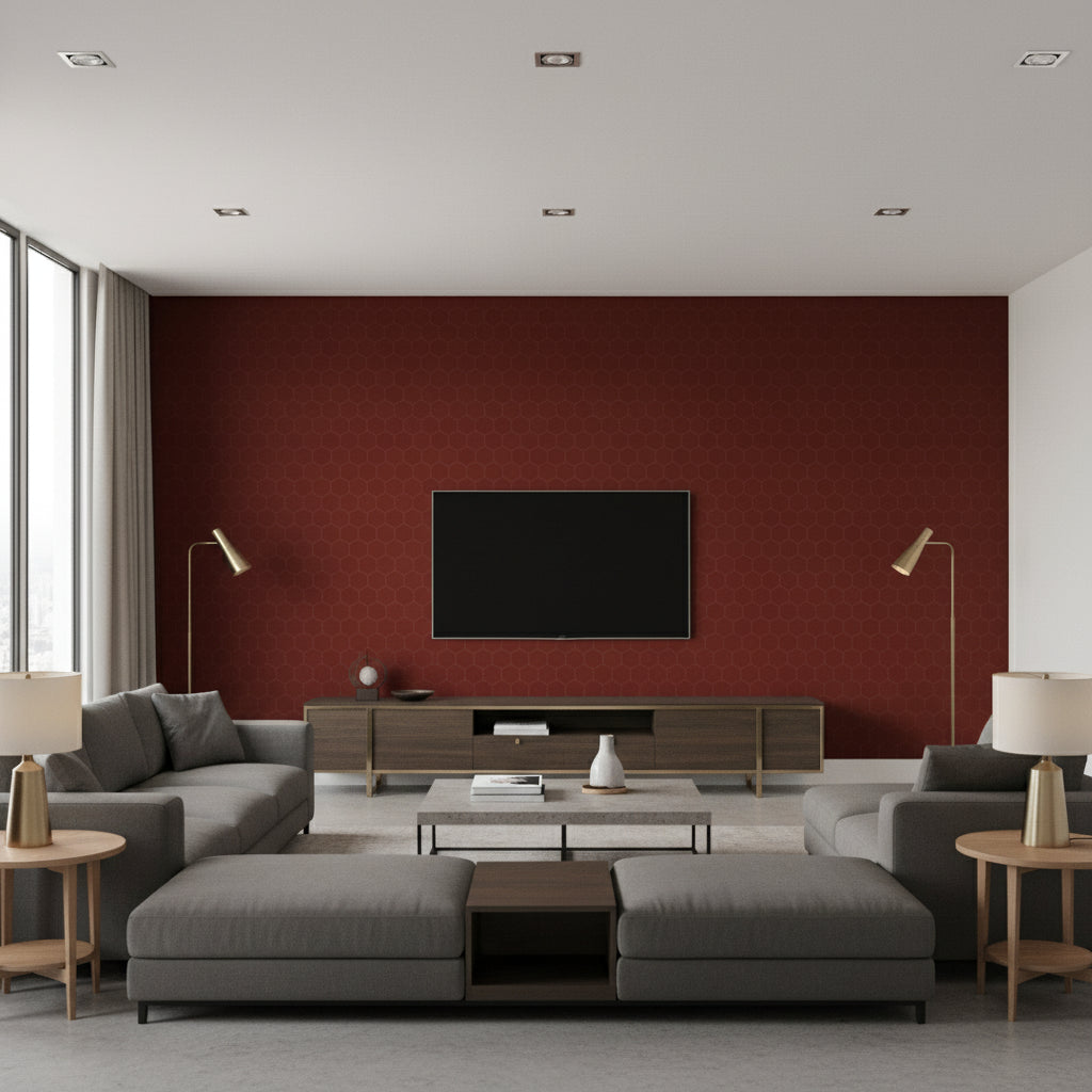 Granada Weave Burgundy | Thibaut - Living Room Visualization (AI-generated, may not be to scale. Verify pattern scale with product specifications.)