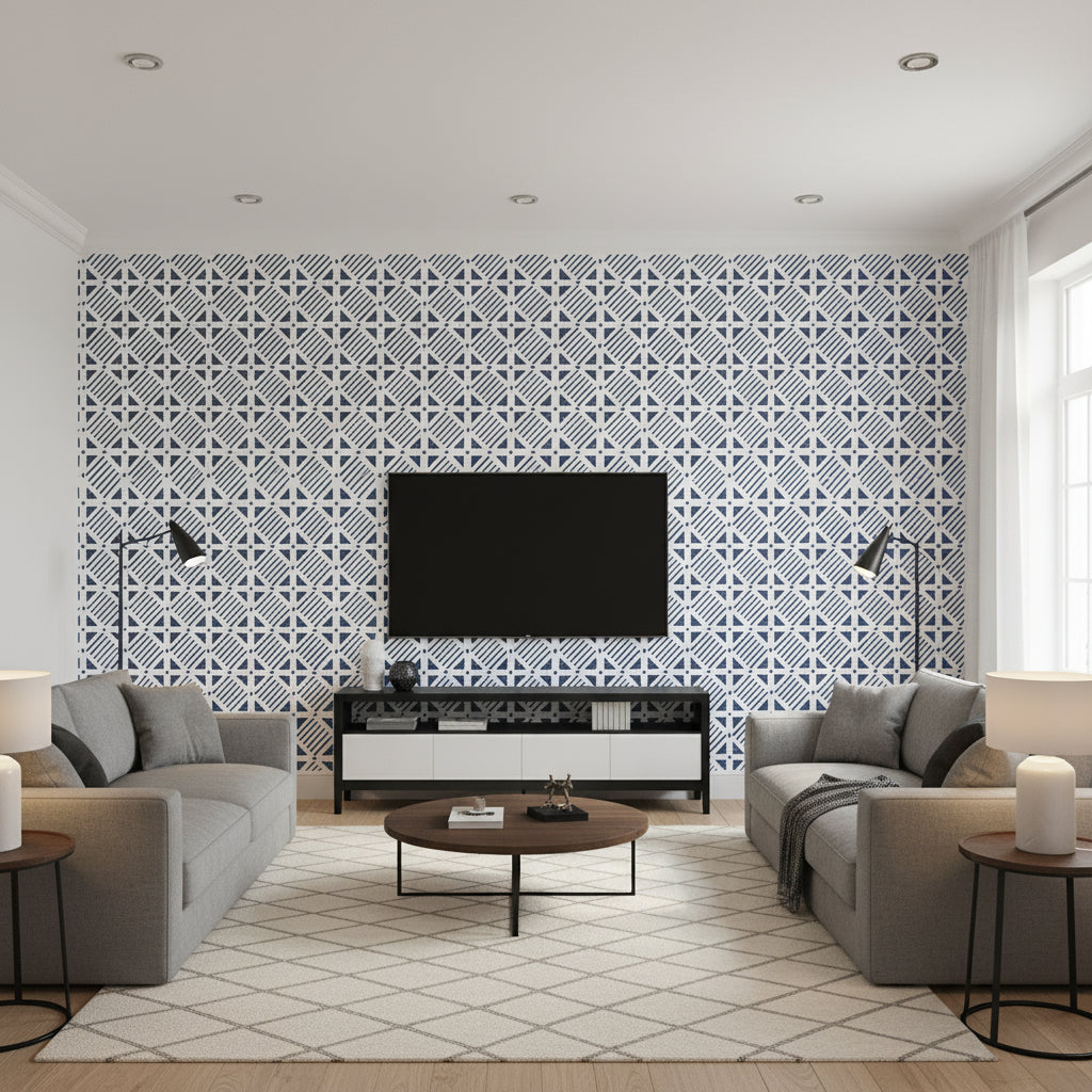Plaza Navy Printed Fabrics | Thibaut - Living Room Visualization (AI-generated, may not be to scale. Verify pattern scale with product specifications.)