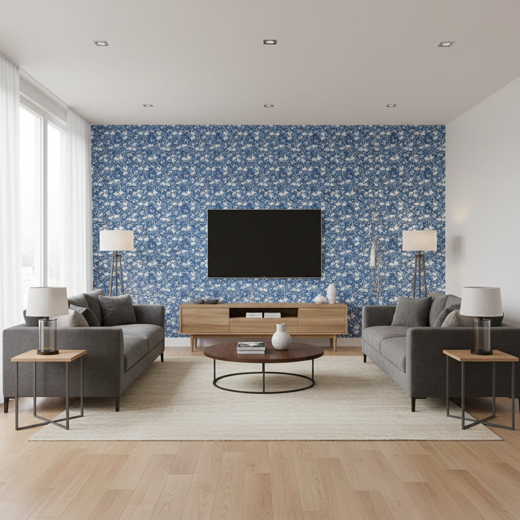 Chester Navy Printed Fabrics | Thibaut - Living Room Visualization (AI-generated, may not be to scale. Verify pattern scale with product specifications.)