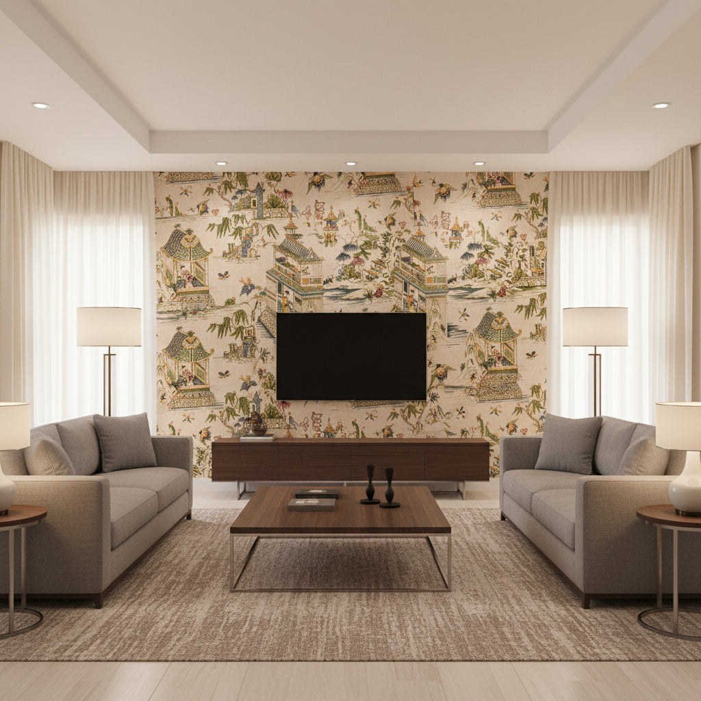 Grand Palace Blush Printed Fabrics | Thibaut - Living Room Visualization (AI-generated, may not be to scale. Verify pattern scale with product specifications.)