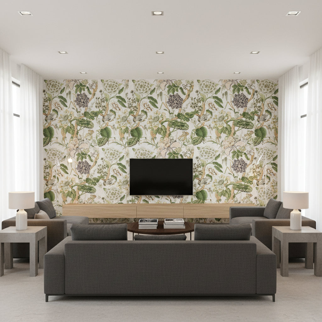 Hill Garden White And Green Printed Fabrics | Thibaut - Living Room Visualization (AI-generated, may not be to scale. Verify pattern scale with product specifications.)