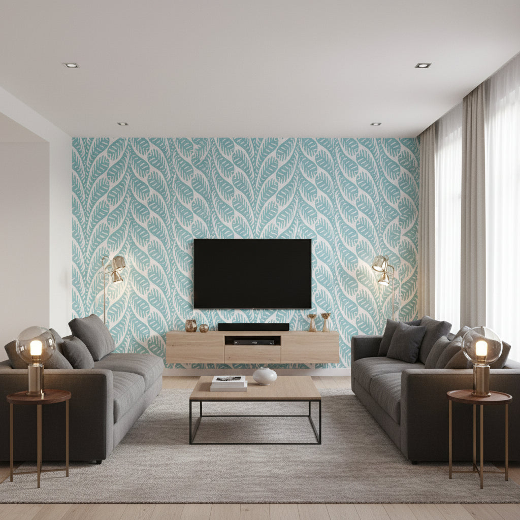 Ginger Spa Blue Printed Fabrics | Thibaut - Living Room Visualization (AI-generated, may not be to scale. Verify pattern scale with product specifications.)