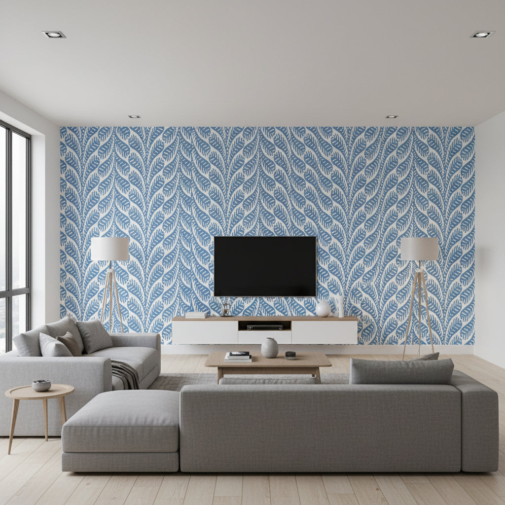 Ginger Blue Printed Fabrics | Thibaut - Living Room Visualization (AI-generated, may not be to scale. Verify pattern scale with product specifications.)