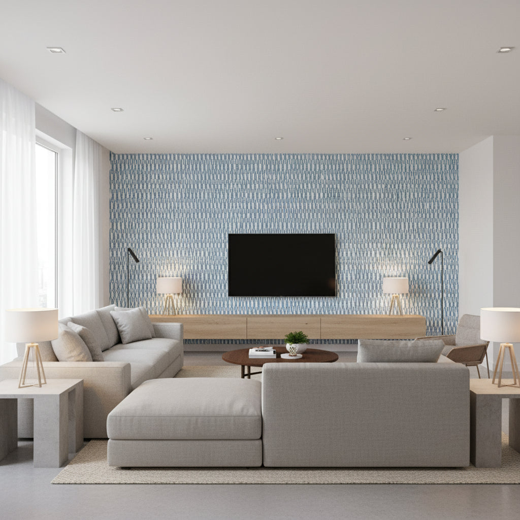 Gogo Blue Printed Fabrics | Thibaut - Living Room Visualization (AI-generated, may not be to scale. Verify pattern scale with product specifications.)