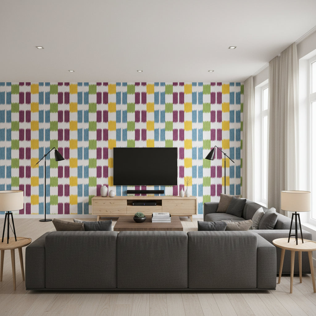 Kasuri Plum And Teal Printed Fabrics | Thibaut - Living Room Visualization (AI-generated, may not be to scale. Verify pattern scale with product specifications.)
