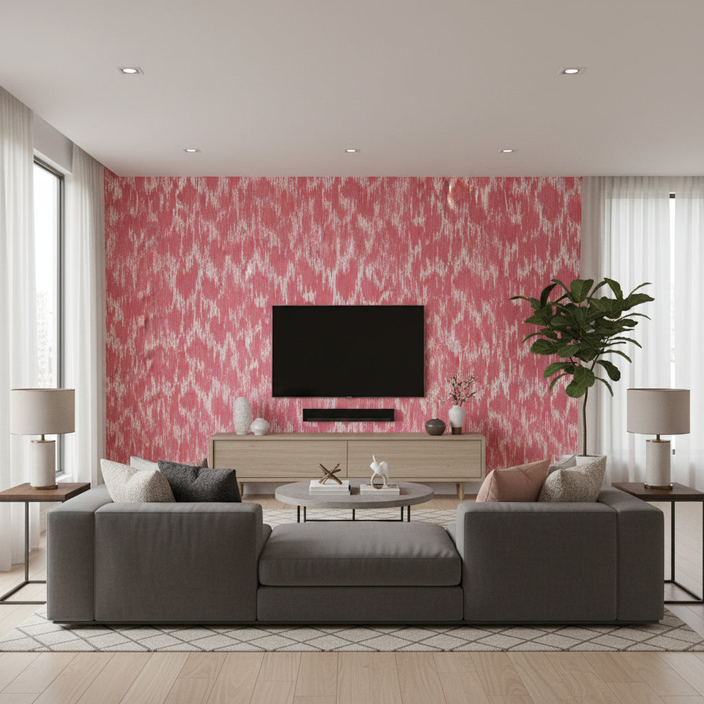 Maverick Pink Printed Fabrics | Thibaut - Living Room Visualization (AI-generated, may not be to scale. Verify pattern scale with product specifications.)