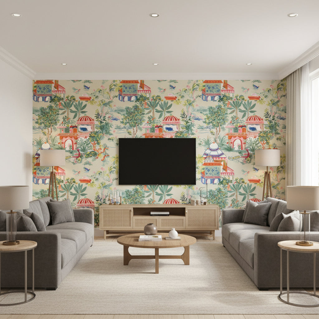 Mystic Garden Cream Printed Fabrics | Thibaut - Living Room Visualization (AI-generated, may not be to scale. Verify pattern scale with product specifications.)