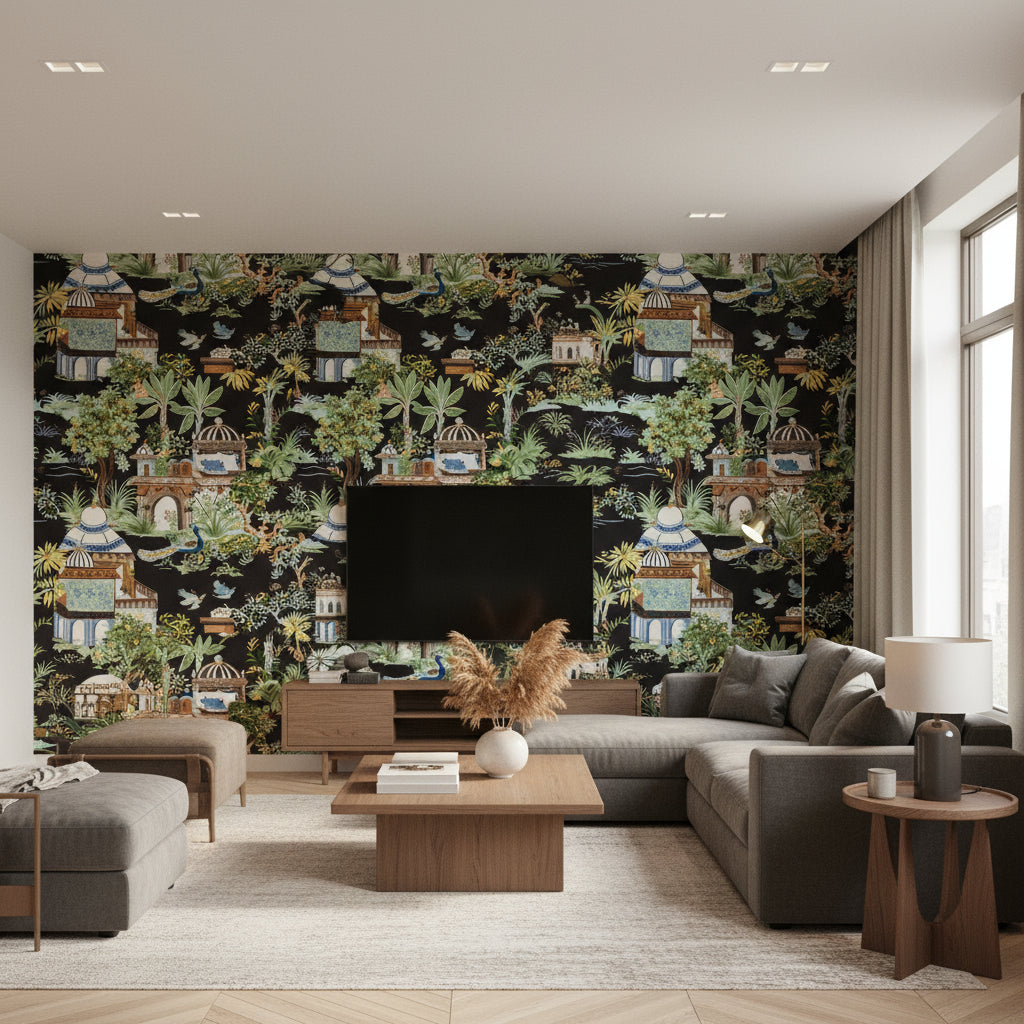 Mystic Garden Black Printed Fabrics | Thibaut - Living Room Visualization (AI-generated, may not be to scale. Verify pattern scale with product specifications.)
