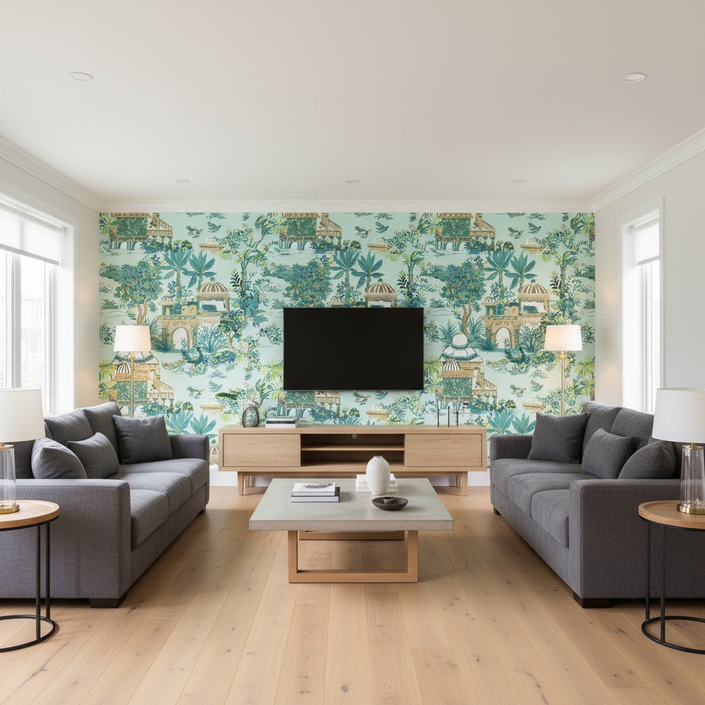 Mystic Garden Spa Blue Printed Fabrics | Thibaut - Living Room Visualization (AI-generated, may not be to scale. Verify pattern scale with product specifications.)