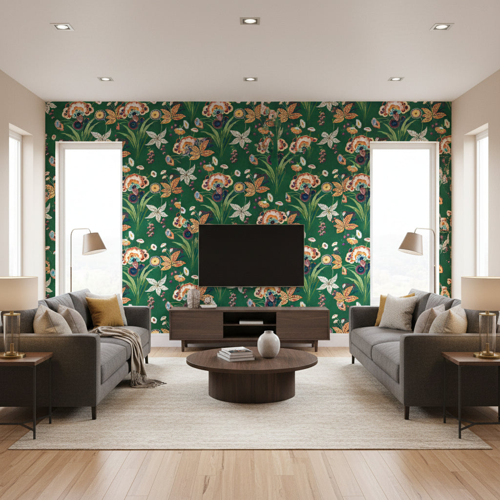 Pasadena Emerald Printed Fabrics | Thibaut - Living Room Visualization (AI-generated, may not be to scale. Verify pattern scale with product specifications.)
