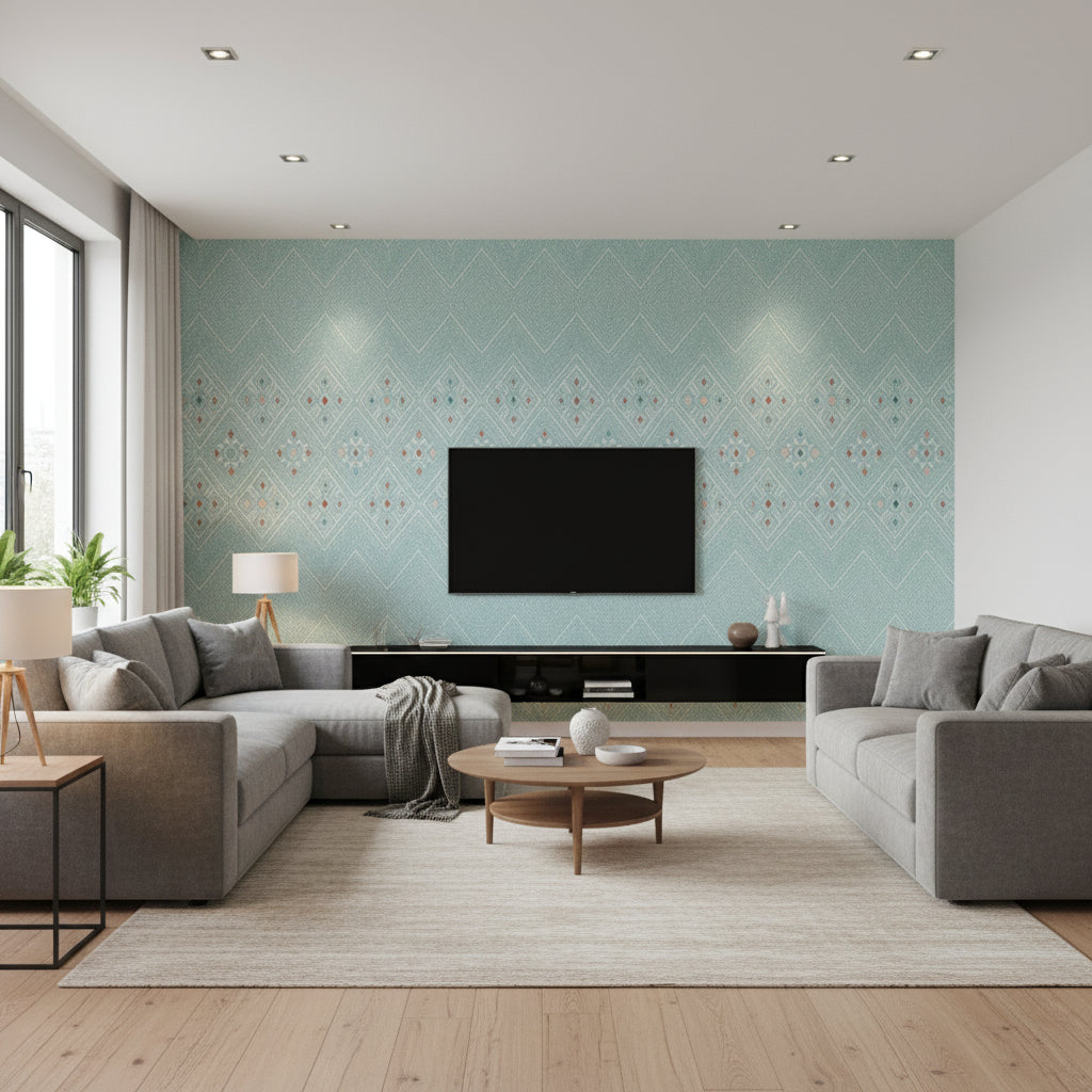High Plains Spa Blue Printed Fabrics | Thibaut - Living Room Visualization (AI-generated, may not be to scale. Verify pattern scale with product specifications.)