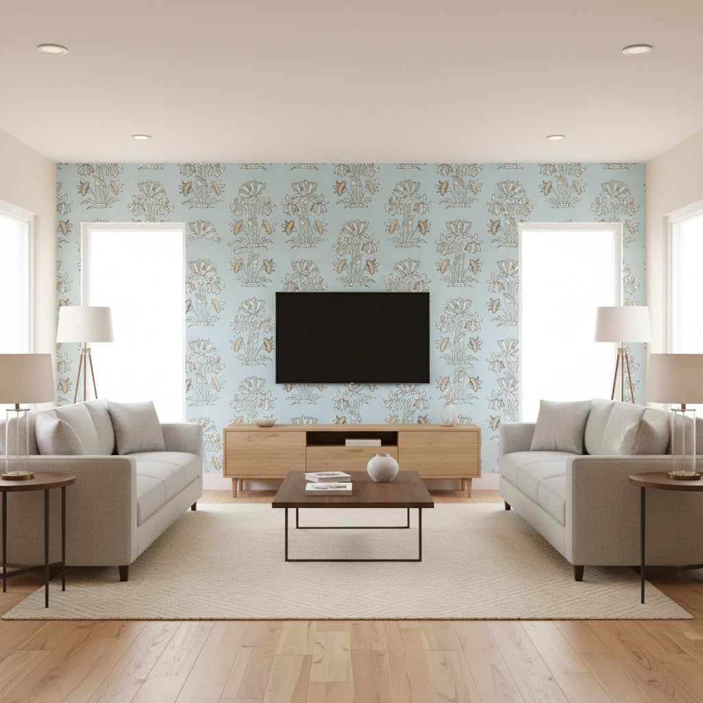 Lily Flower Spa Blue Printed Fabrics | Thibaut - Living Room Visualization (AI-generated, may not be to scale. Verify pattern scale with product specifications.)