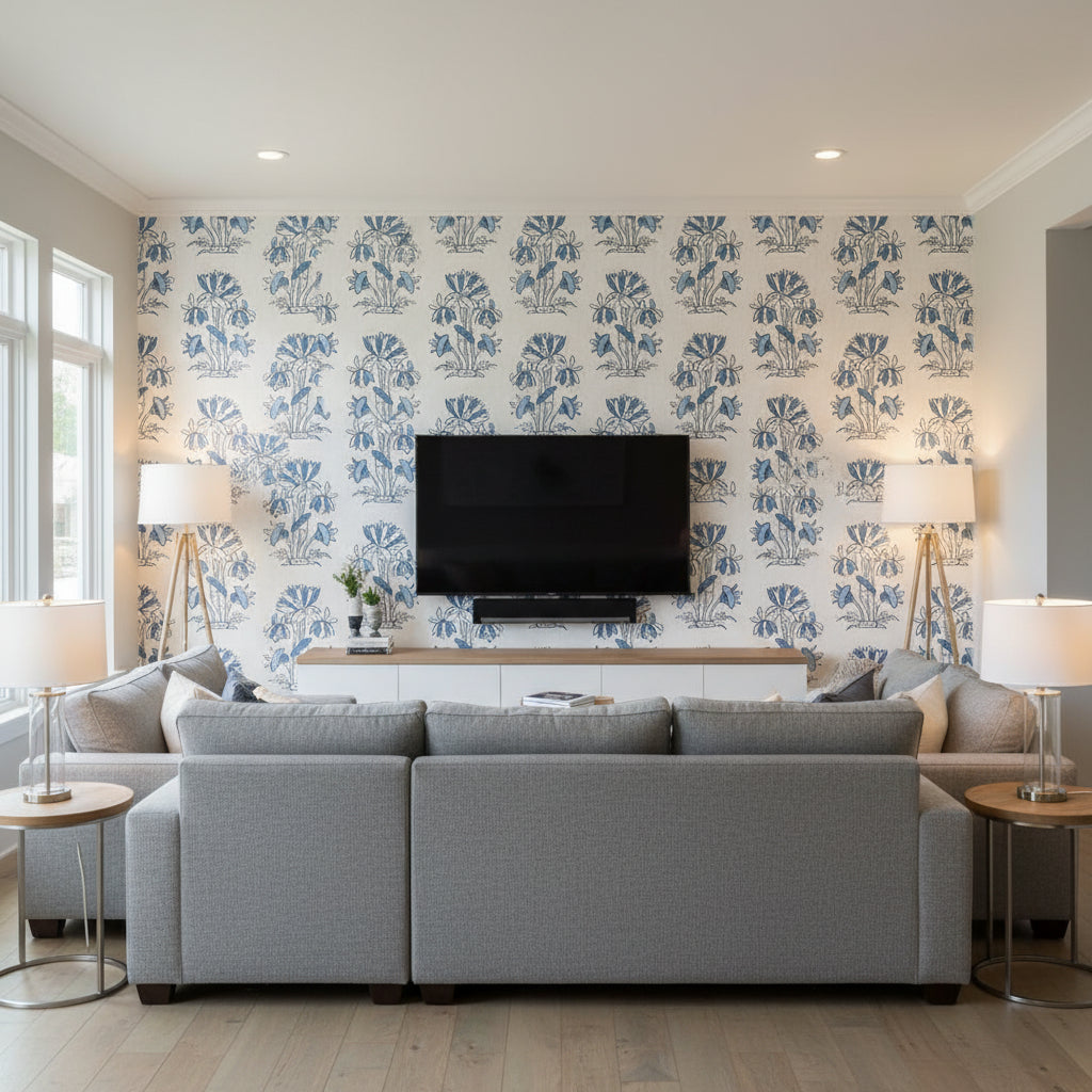 Lily Flower Blue And White Printed Fabrics | Thibaut - Living Room Visualization (AI-generated, may not be to scale. Verify pattern scale with product specifications.)