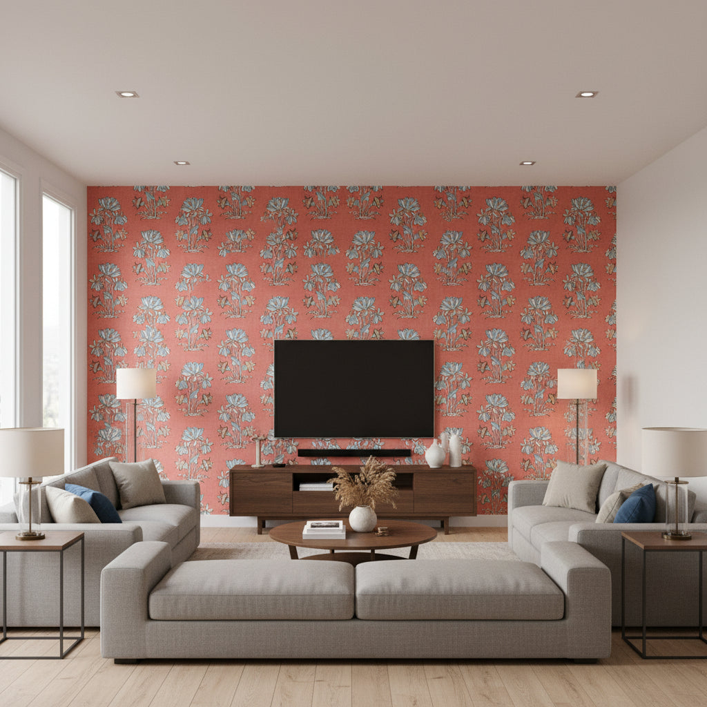 Lily Flower Coral Printed Fabrics | Thibaut - Living Room Visualization (AI-generated, may not be to scale. Verify pattern scale with product specifications.)