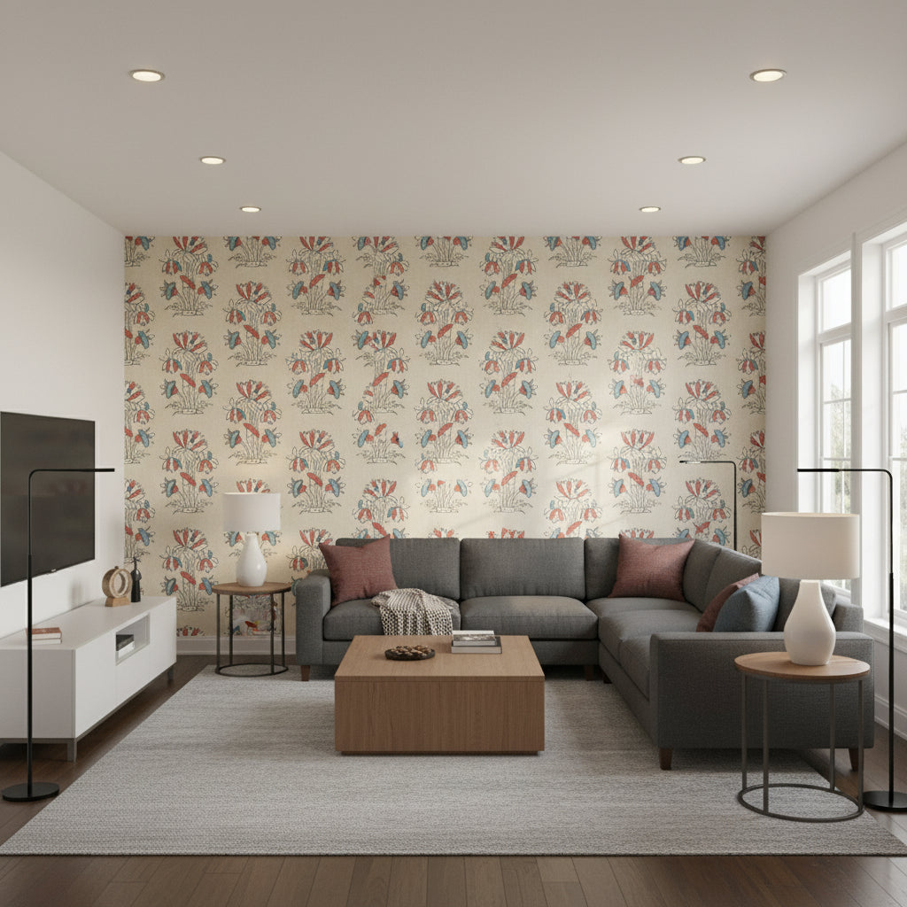 Lily Flower Beige And Sunbaked Printed Fabrics | Thibaut - Living Room Visualization (AI-generated, may not be to scale. Verify pattern scale with product specifications.)