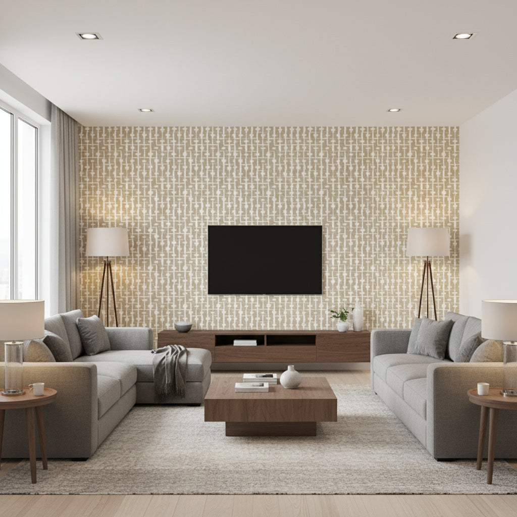Haven Wheat Printed Fabrics | Thibaut - Living Room Visualization (AI-generated, may not be to scale. Verify pattern scale with product specifications.)