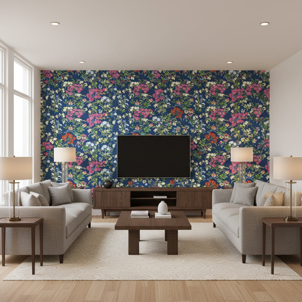 Spring Garden Navy Printed Fabrics | Thibaut - Living Room Visualization (AI-generated, may not be to scale. Verify pattern scale with product specifications.)
