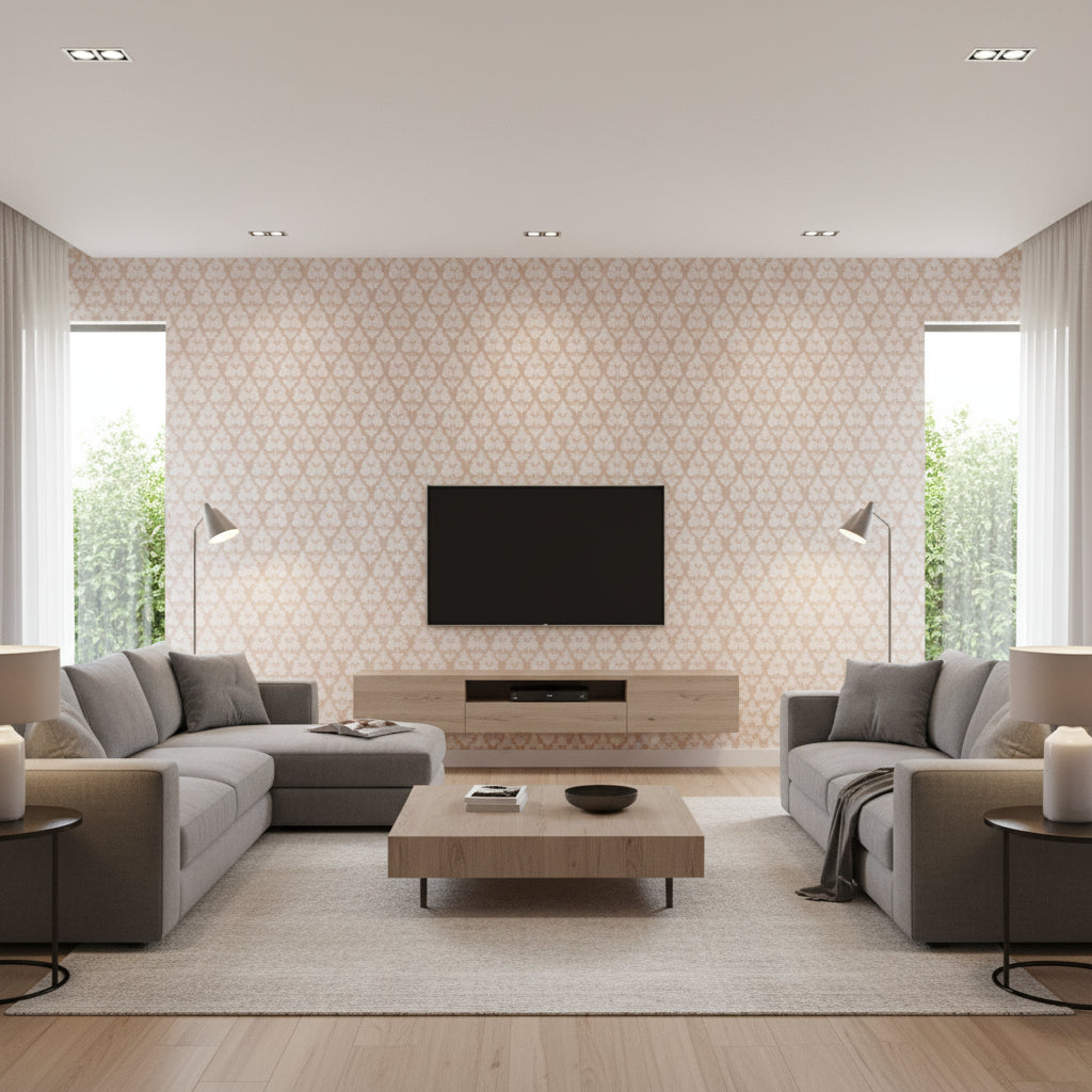 Arboreta Blush Printed Fabrics | Thibaut - Living Room Visualization (AI-generated, may not be to scale. Verify pattern scale with product specifications.)