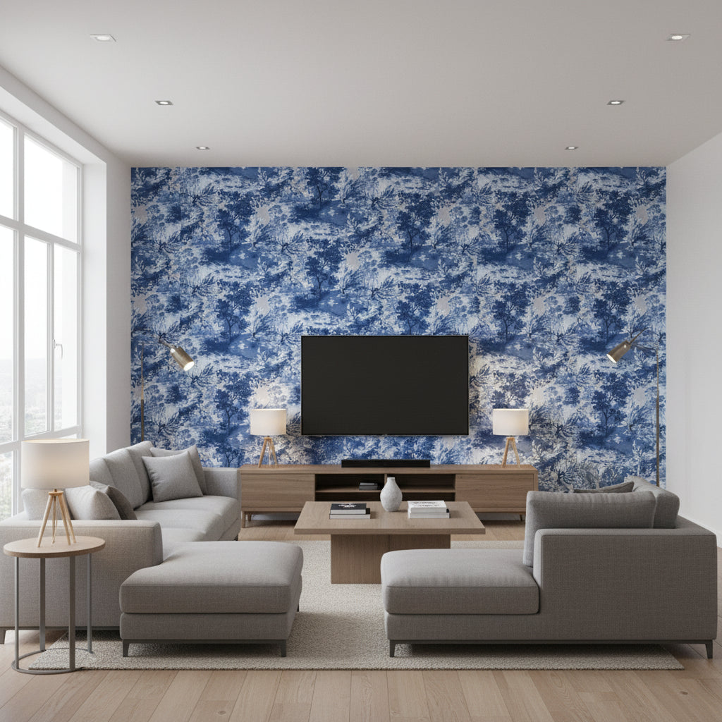 Lincoln Toile Blue And Flax Printed Fabrics | Thibaut - Living Room Visualization (AI-generated, may not be to scale. Verify pattern scale with product specifications.)