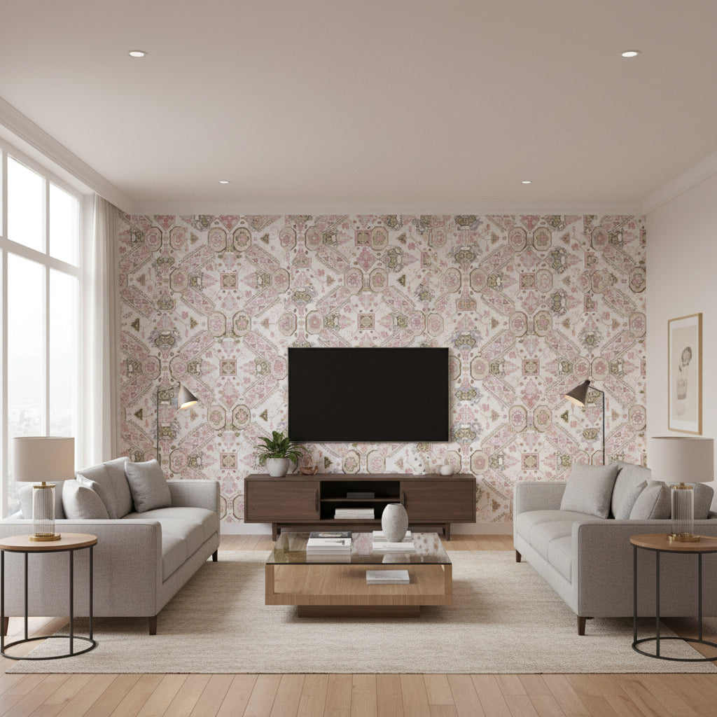 Persian Carpet Blush Printed Fabrics | Thibaut - Living Room Visualization (AI-generated, may not be to scale. Verify pattern scale with product specifications.)