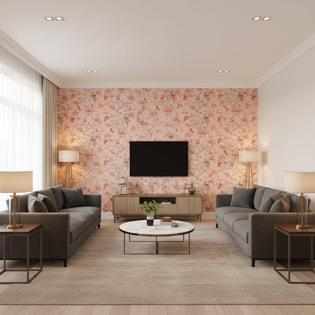 T71438 | Thibaut - Living Room Visualization (AI-generated, may not be to scale. Verify pattern scale with product specifications.)