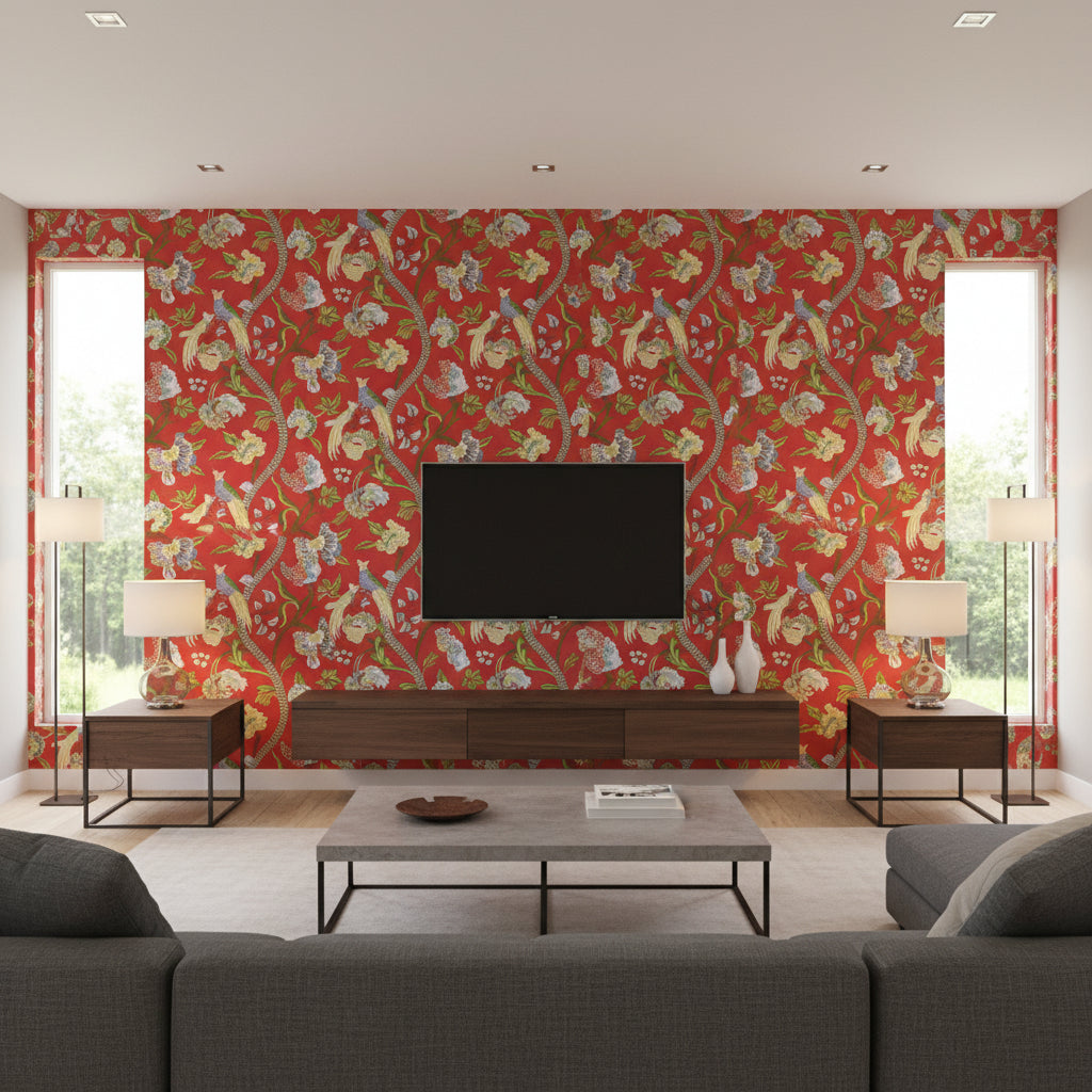Janta Bazaar Red Printed Fabrics | Thibaut - Living Room Visualization (AI-generated, may not be to scale. Verify pattern scale with product specifications.)