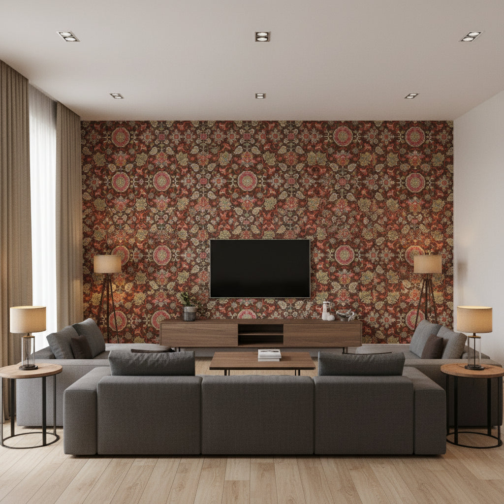 Mahal Chocolate Printed Fabrics | Thibaut - Living Room Visualization (AI-generated, may not be to scale. Verify pattern scale with product specifications.)