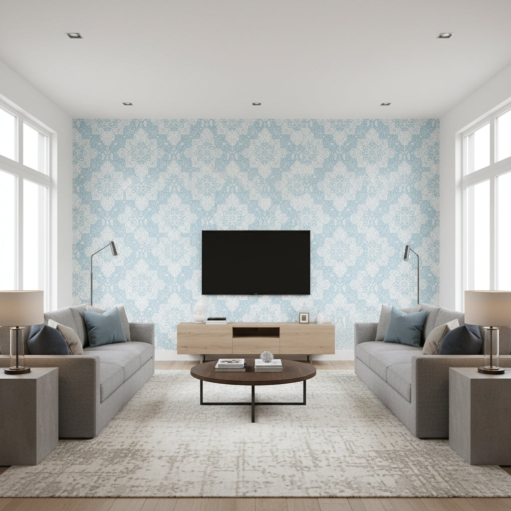 Tarragon Aqua Printed Fabrics | Thibaut - Living Room Visualization (AI-generated, may not be to scale. Verify pattern scale with product specifications.)